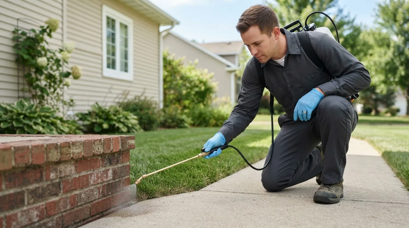 Pest control technician treating a home near Chetopa, KS